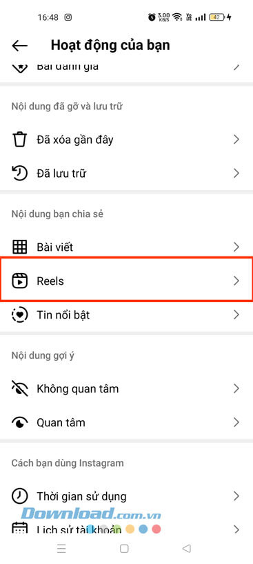 Nhấn vào mục Reels