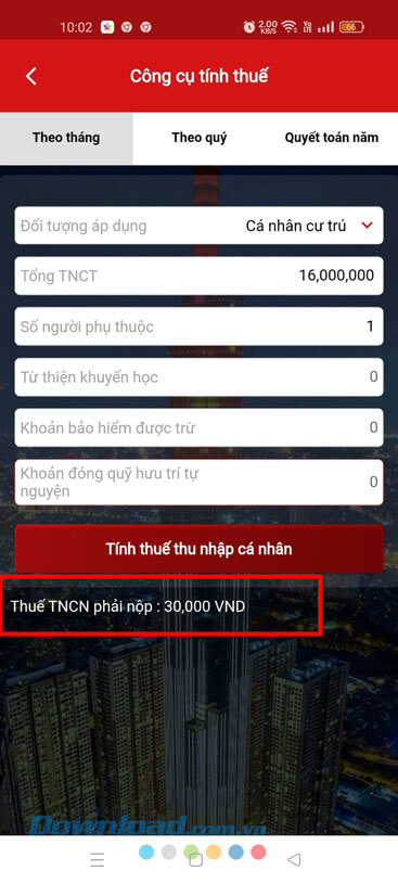 Thuế TNCN cần nộp hiển thị ngay trên màn hình