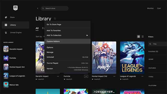 Trên Epic Games Store, tìm Fortnite, nhấp vào dấu ba chấm rồi chọn “Explore Addons"