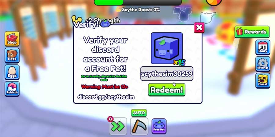 Màn hình đổi code Scythe Simulator