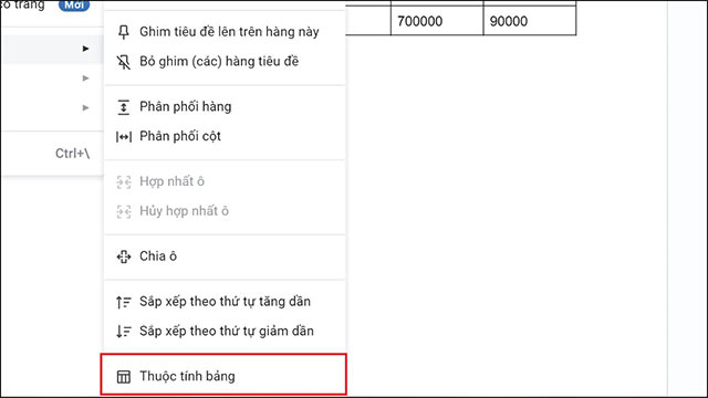 Thuộc tính bảng