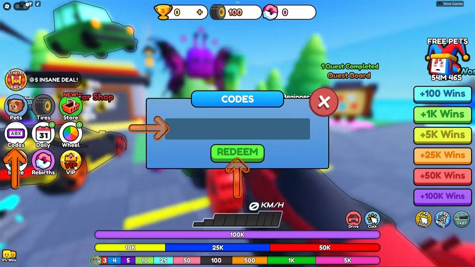 Cửa sổ nhập code Car Race Clicker