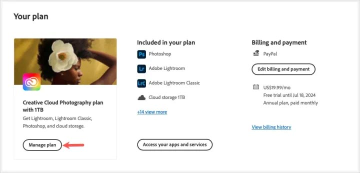 Quản lý gói đăng ký trong Photoshop