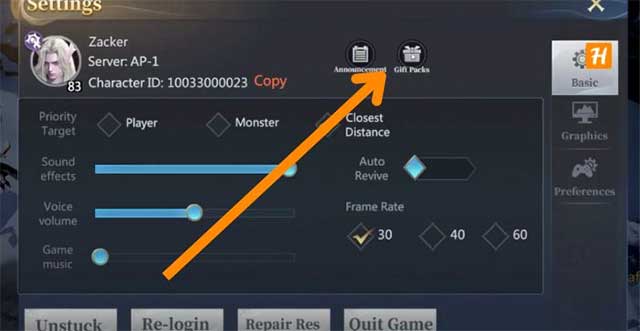 Nhấn nút Switch rồi Gift Packs để mở khung nhập code