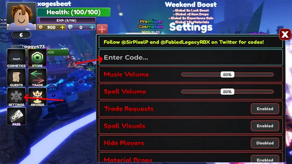 Cửa sổ nhập code Fabled Legacy