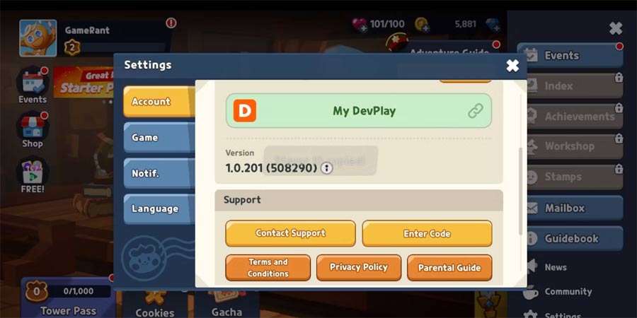 Màn hình đổi code Cookie Run Tower of Adventures