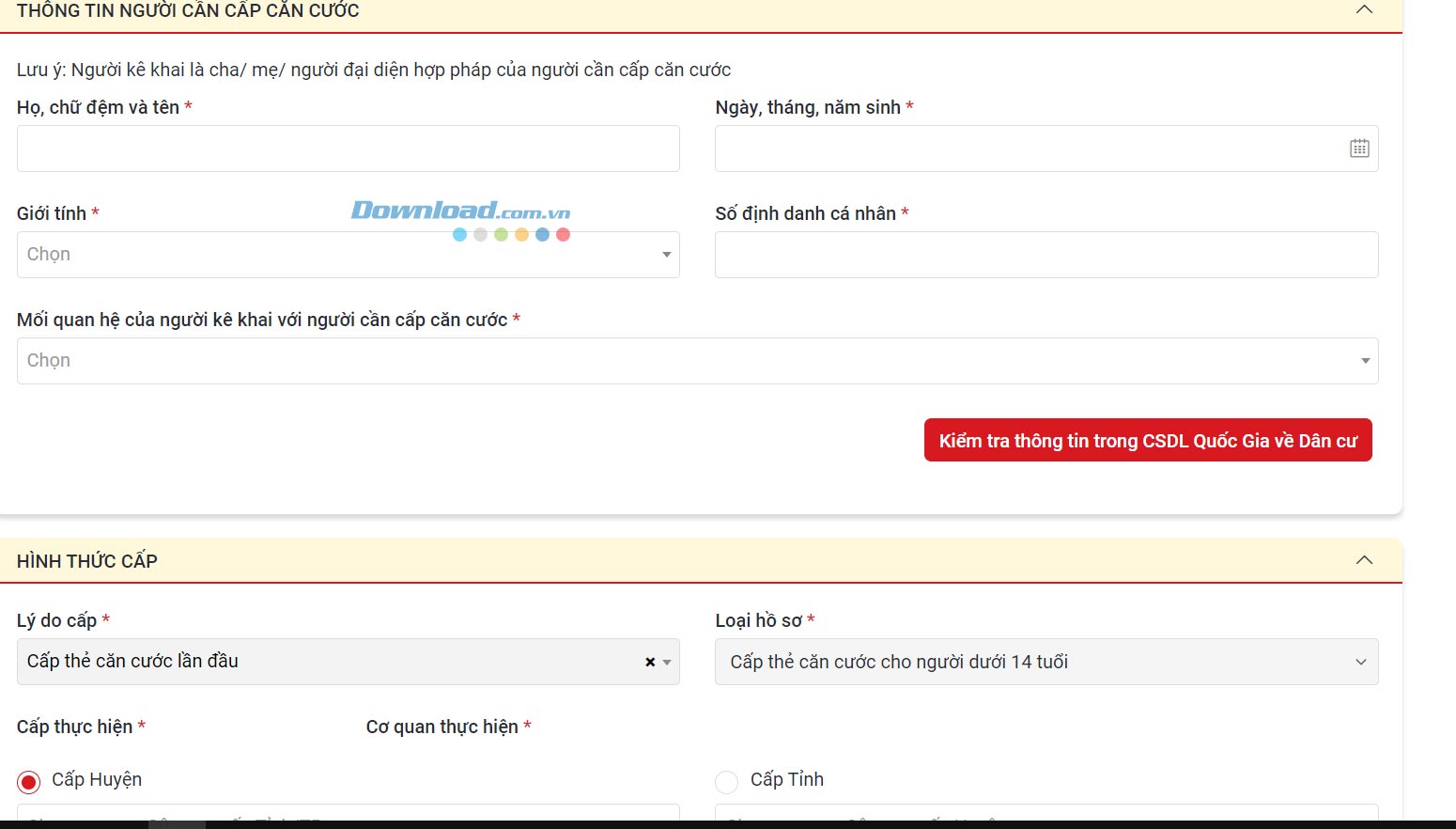Điền đầy đủ thông tin theo hướng dẫn