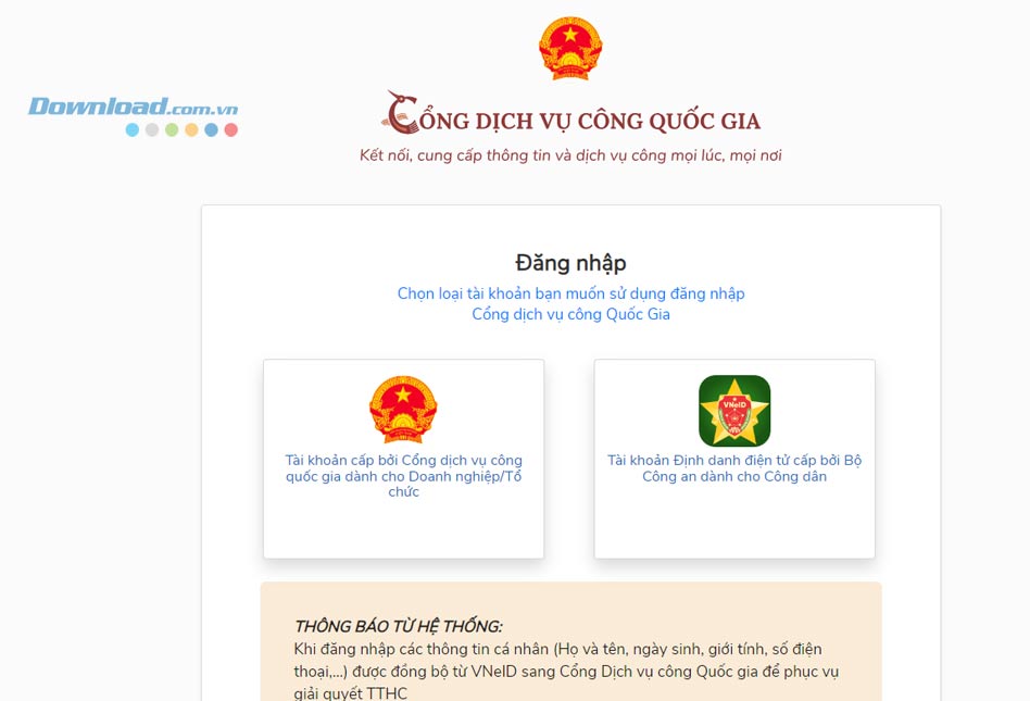 Chọn tài khoản định danh điện tử