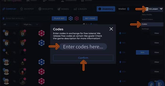 Cửa sổ nhập code Flip Minigames