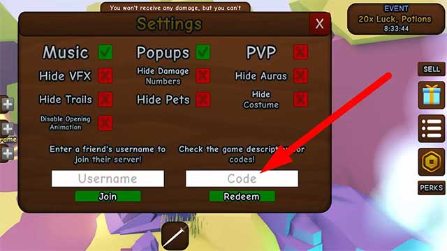 Chèn mã vào ô Code rồi ấn Redeem