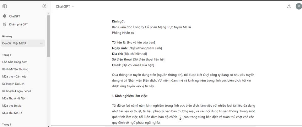 Đơn xin việc vào vị trí Biên dịch của META do ChatGPT gợi ý