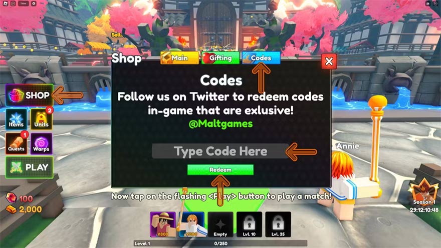 Màn hình đổi code Anime Tower Defense