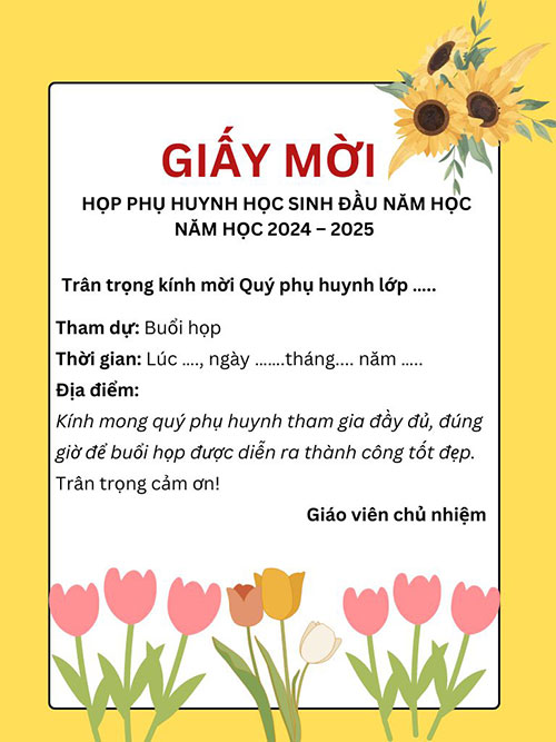 Giấy mời họp phụ huynh đầu năm đẹp
