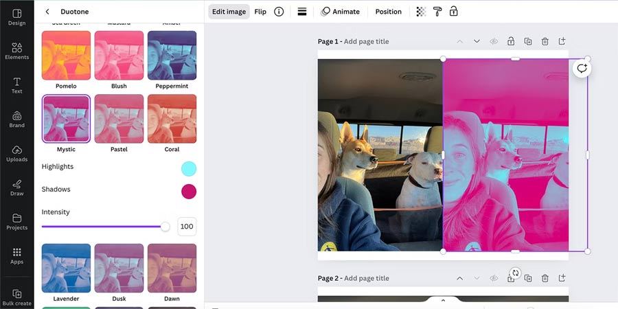 Menu hiệu ứng trên Canva