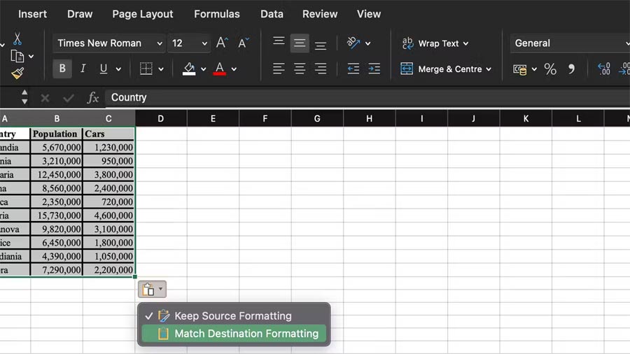 Chuyển đổi dữ liệu vào bảng tính Excel
