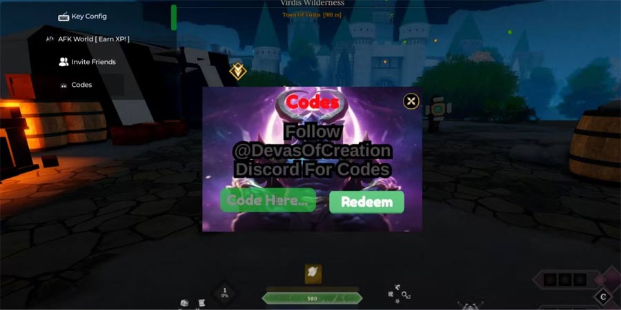 Màn hình đổi code Devas of Creation