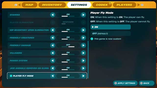 Bật Player Fly Mode