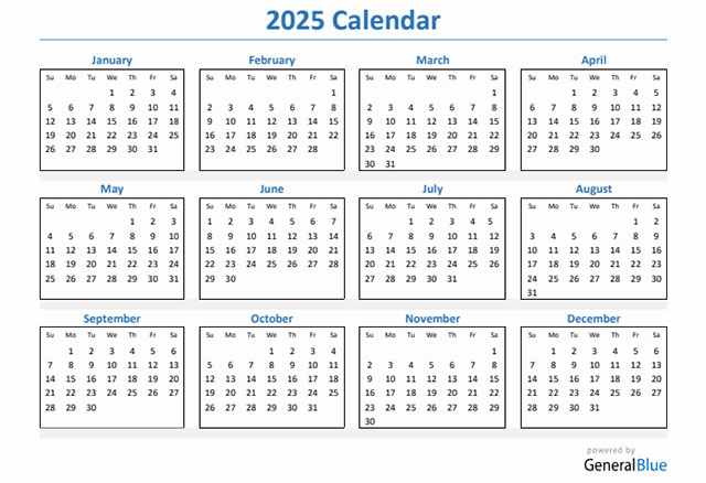 Lịch 12 tháng năm 2025 