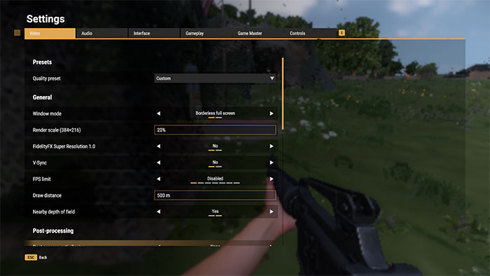 Giao diện thay đổi cài đặt của Arma Reforger