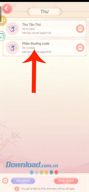Chạm vào mục Phần thưởng code