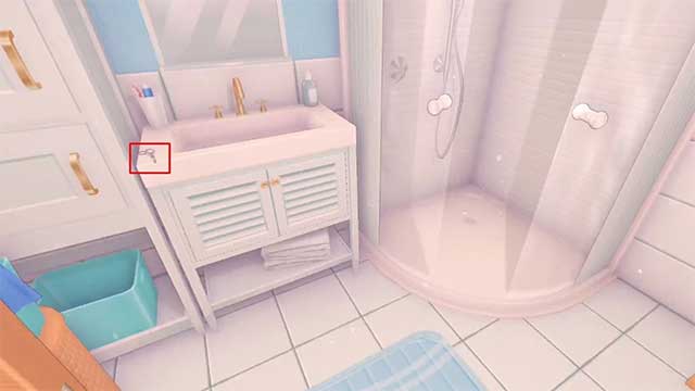 Lấy chiếc kéo trên bệ bồn rửa trong phòng tắm