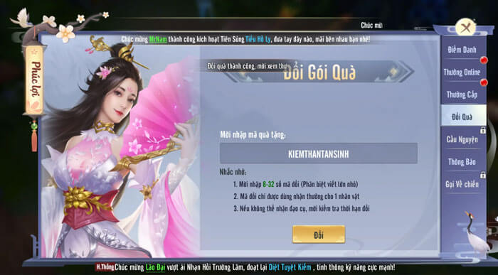 Chúng ta sẽ nhập một trong những mã giftcode