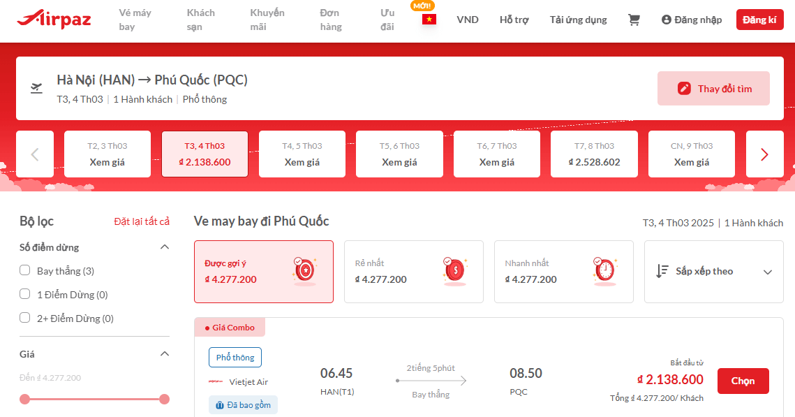 Đặt vé máy bay trên trang Airpaz