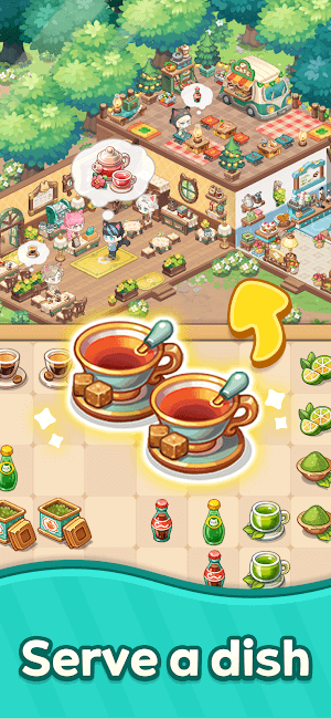 Phục vụ các món ngon cho khách hàng trong game Merge Cat Cafe 