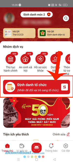 Nhấn vào tiện ích Định danh tổ chức