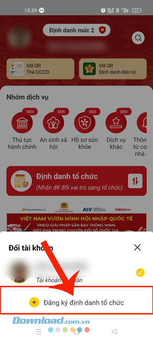 Ấn vào mục Đăng ký định danh tổ chức