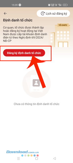 Chạm vào mục Đăng ký định danh tổ chức