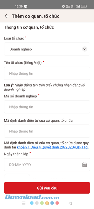Nhập thông tin của cơ quan, tổ chức