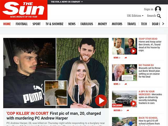 Giao diện của trang web thesun.co.uk