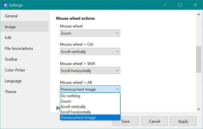 Thay đổi thiết lập cuộn chuột trong ImageGlass
