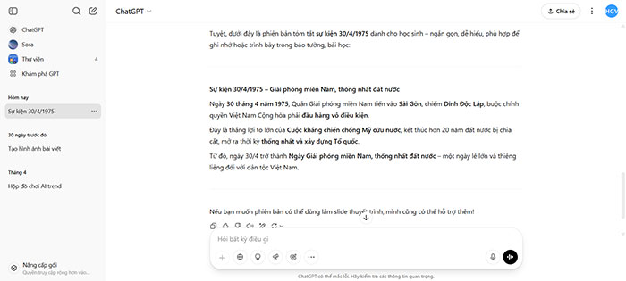 Dùng ChatGPT để yêu cầu tóm tắt sự kiện lịch sử.