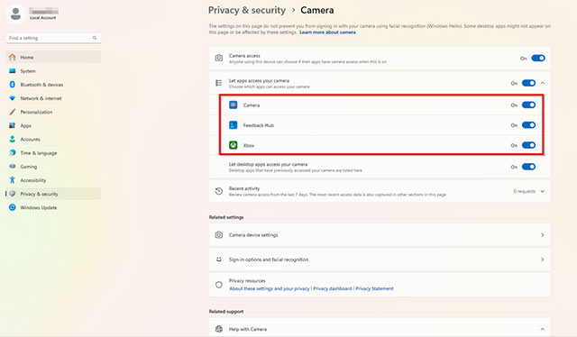 Danh sách các ứng dụng đang sử dụng camera