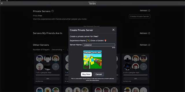 Tạo server riêng miễn phí trong Grow a Garden