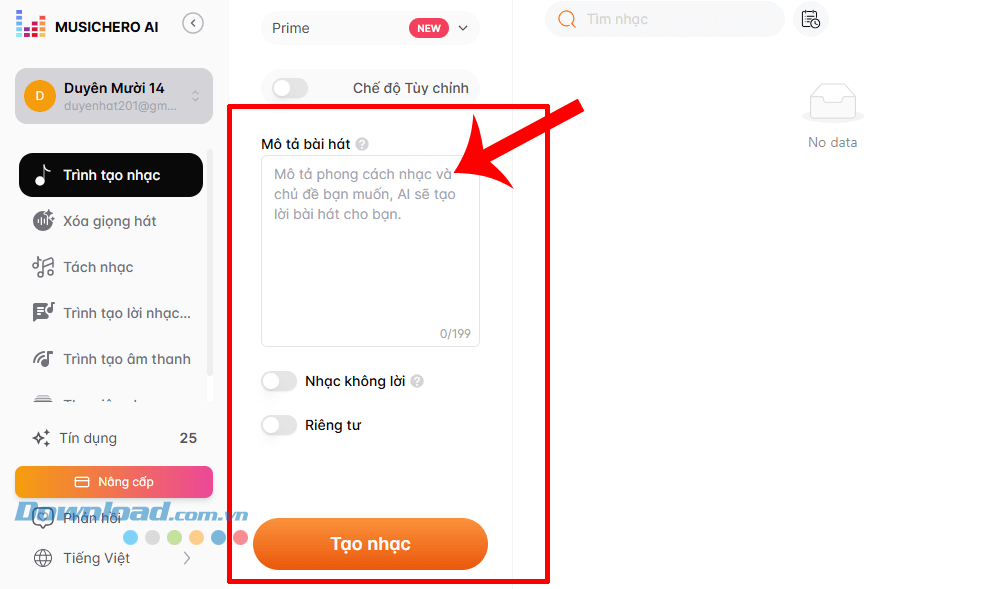 Nhập nội dung mà bạn muốn AI dựa vào đó để sáng tác nhạc