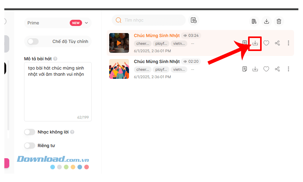 Nhấp chuột vào biểu tượng mũi tên đi xuống