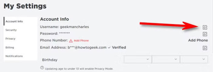 Giao diện đổi tên người dùng Roblox