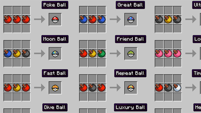 Một số PokéBall trong Pixelmon mod Minecraft