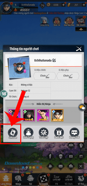 Ấn vào mục Giftcode