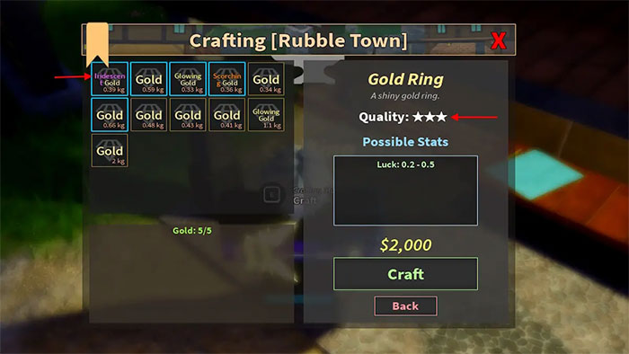 Menu chế tạo trong Prospecting Roblox