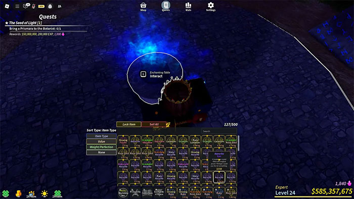 Dùng Aetherite hoặc Aurorite để thu thập Enchant ngẫu nhiên trong Roblox Prospecting