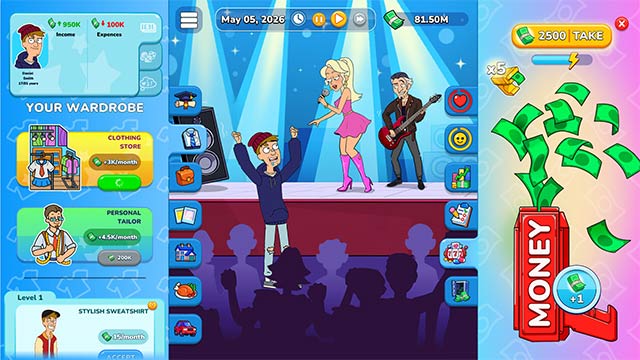 Lựa chọn và hành động để phát triển trong Mr. Billion: Idle Rich Tycoon