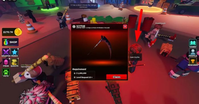 Gặp NPC Scythe Event để nhận vũ khí Lưỡi hái trong Hunty Zombie