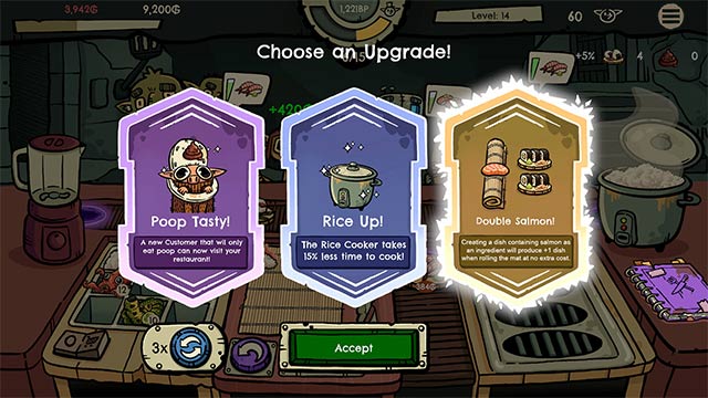 Mở khóa rất nhiều nâng cấp về công cụ và nguyên liệu trong khi chơi Goblin Sushi game