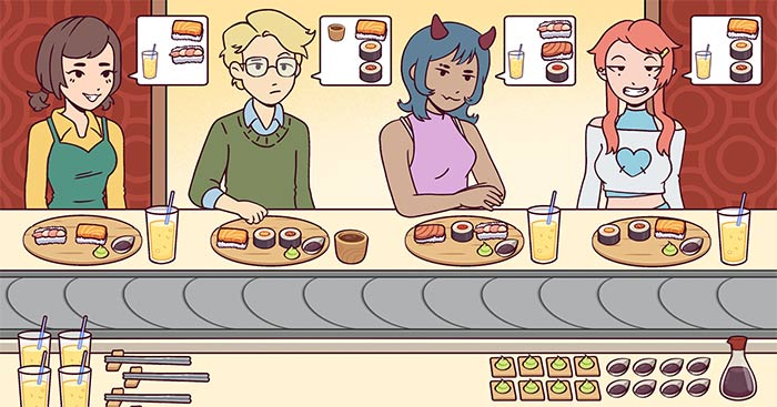 Ugoku Sushi BarGame mô phỏng quán sushi băng chuyền ấm cúng