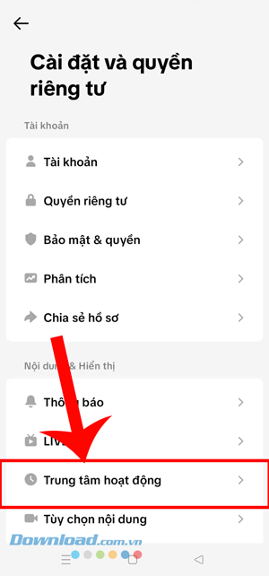 Ấn vào mục Trung tâm hoạt động