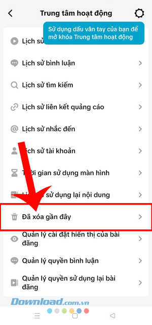 Chạm vào mục Đã xóa gần đây